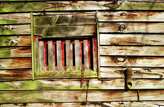 The side of weathered wooden barn, with subtle colours from the fading paint and mould