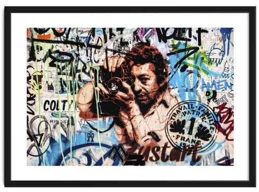 Framed Parisian street art by Bustart depicting Serge Gainsbourg taking a photograph, surrounded by the work of others